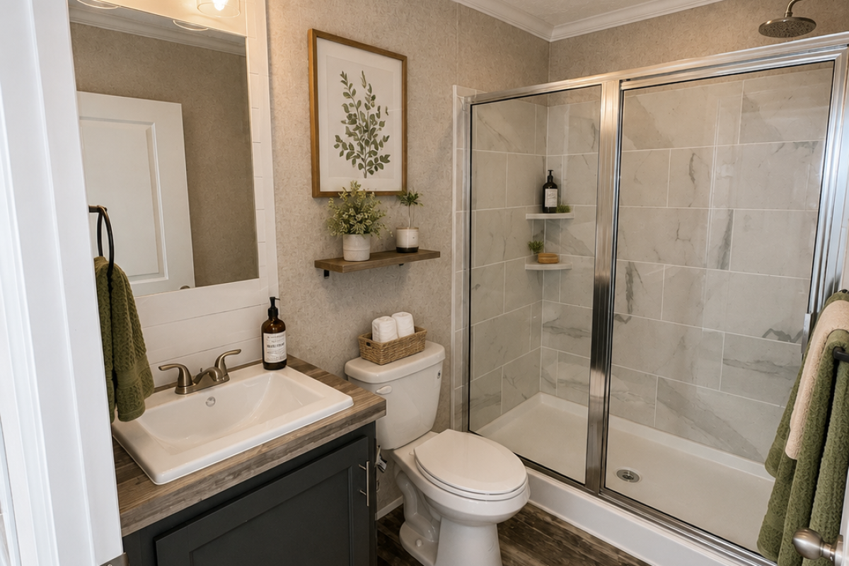 Large bathroom with standing shower